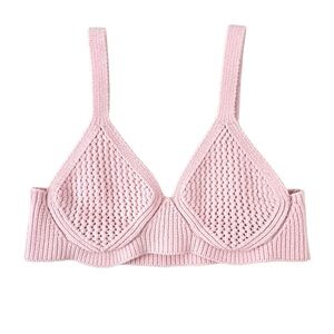 ISA BOULDER Explore Crochet-Knit Bra - Baby Pink Scoop Neck Open Weave Knit Top